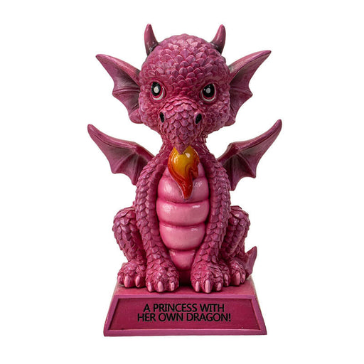 Figurine of pink dragon with fire sitting on base that says "A Princess With Her Own Dragon!"