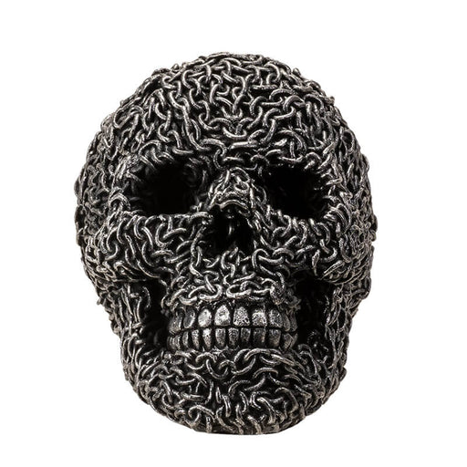 Skull figurine appearing to be made of chains in faux-silver
