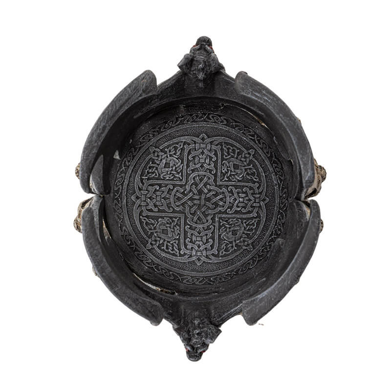 Holder featuring two vampire bats with red eyes, skull and Celtic knotwork base. Shown top down