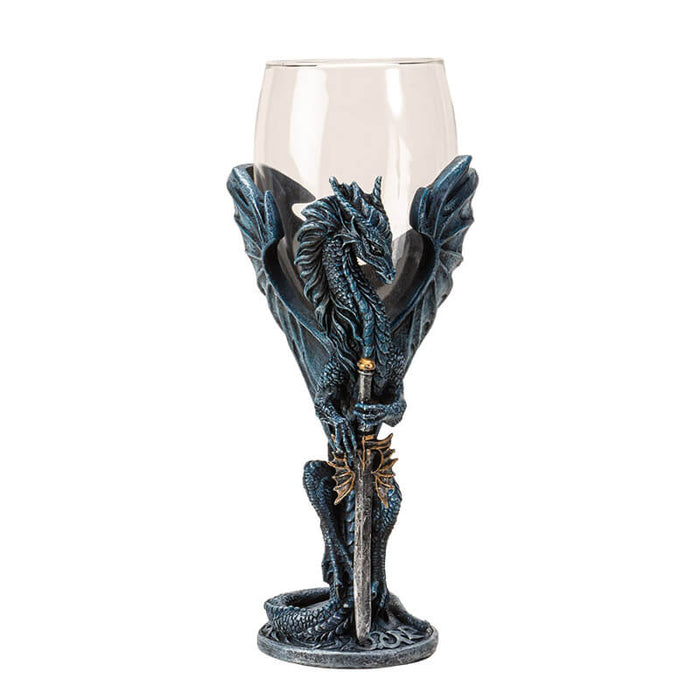 Goblet with glass on top, blue dragon holding a sword forming the stem