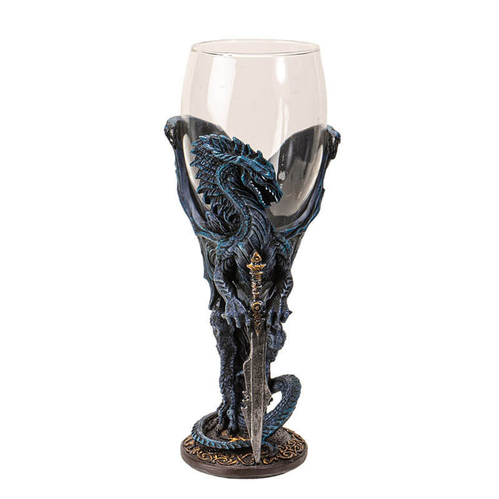 Glass topped goblet with a blue dragon holding a sword making up the stem