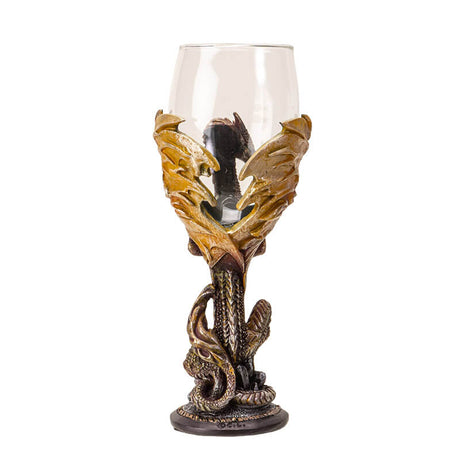 Goblet with glass at the top, dragon in shades of orange/brown holding a pearl makes up the stem