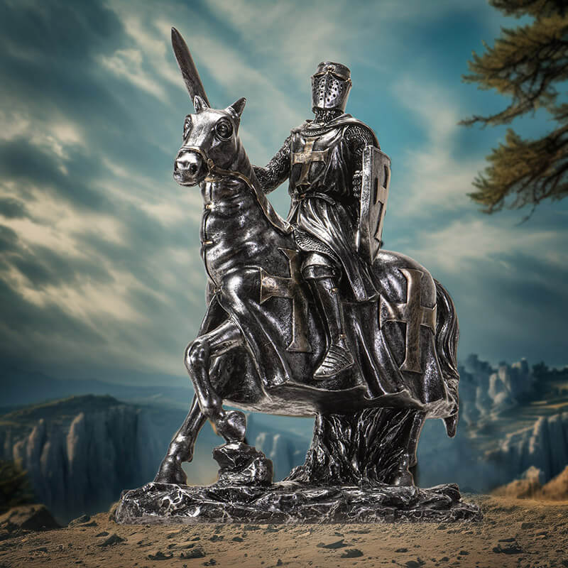 Figurine in faux-metal of knight on horseback with sword and shield, adorned with crosses