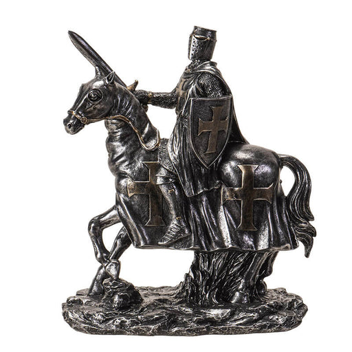 Figurine in faux-metal of knight on horseback with sword and shield, adorned with crosses