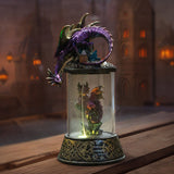 Backflow incense burner with dragon (gold & purple scales) perched on a capsule with a smaller dragon on crystals. LED illuminates incense smoke