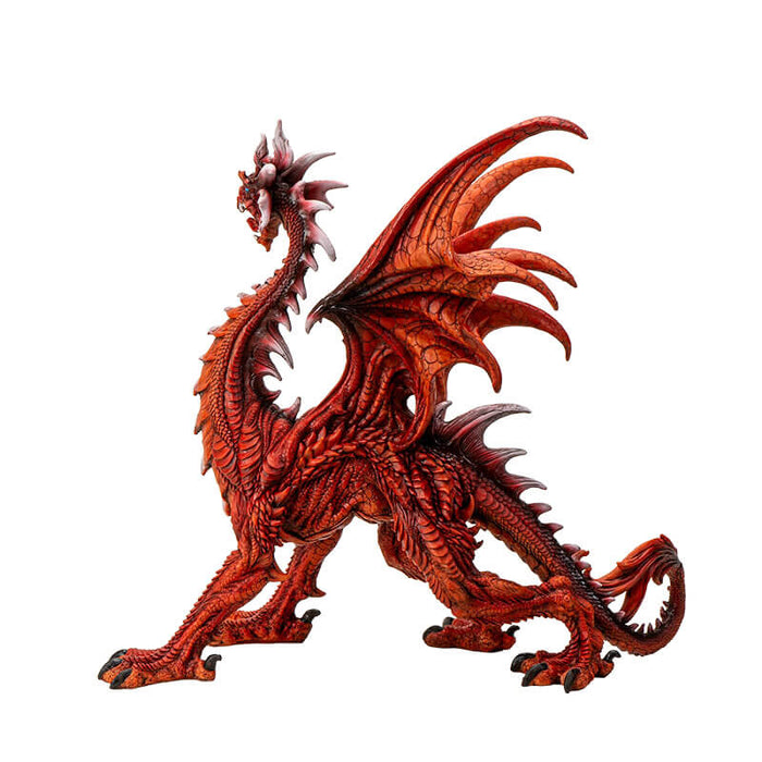 Large red dragon figurine with open mouth and curling tail, detailed scales and spines