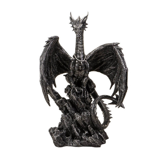 Figurine of black dragon with spiked collar sitting on rock