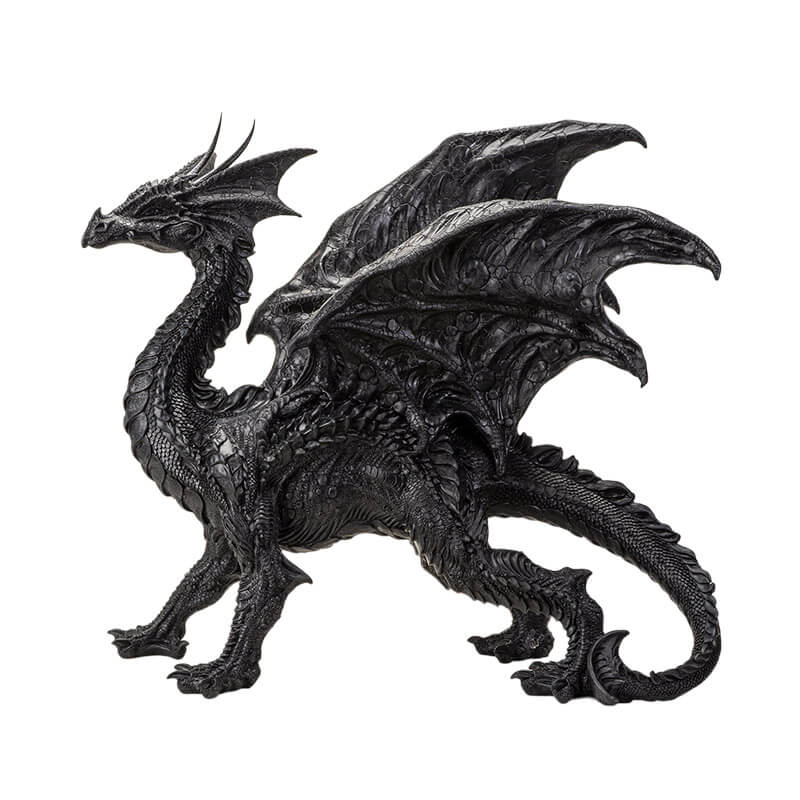 Large black dragon figurine with detailed scales, standing with mouth shut, tail curled.