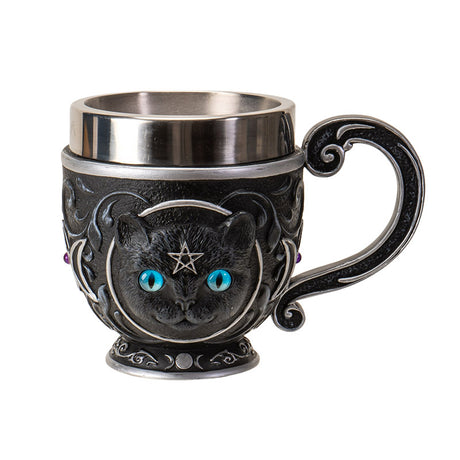 Teacup with black cat with blue eyes, pentacles, moons. Stainless steel insert.