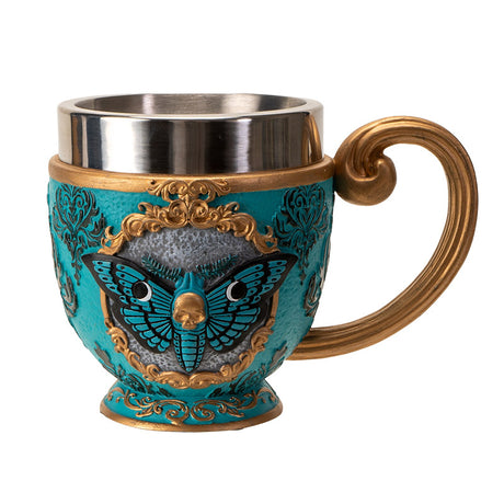 Teacup with blue moth and faux-gold filigree, stainless steel insert