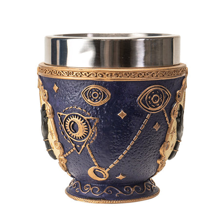 Teacup with stainless steel insert, tarot hands, eye motif, fortune telling themed with gold on blue.