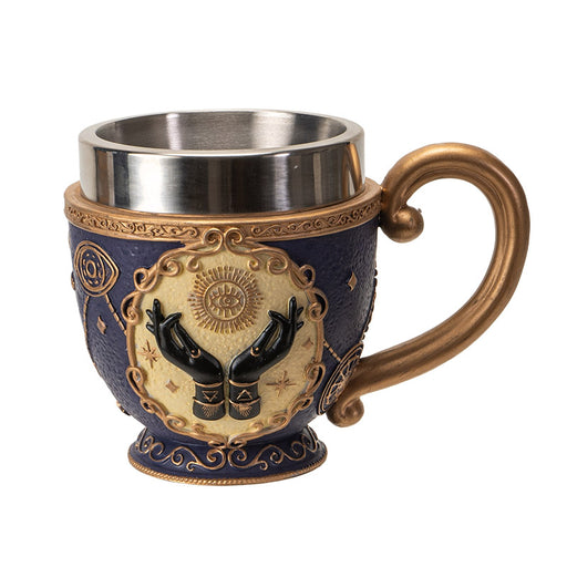 Teacup with stainless steel insert, tarot hands, eye motif, fortune telling themed with gold on blue.