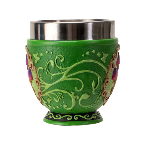 Green tea cup with purple-pink mushrooms and toadstool handle, stainless steel insert