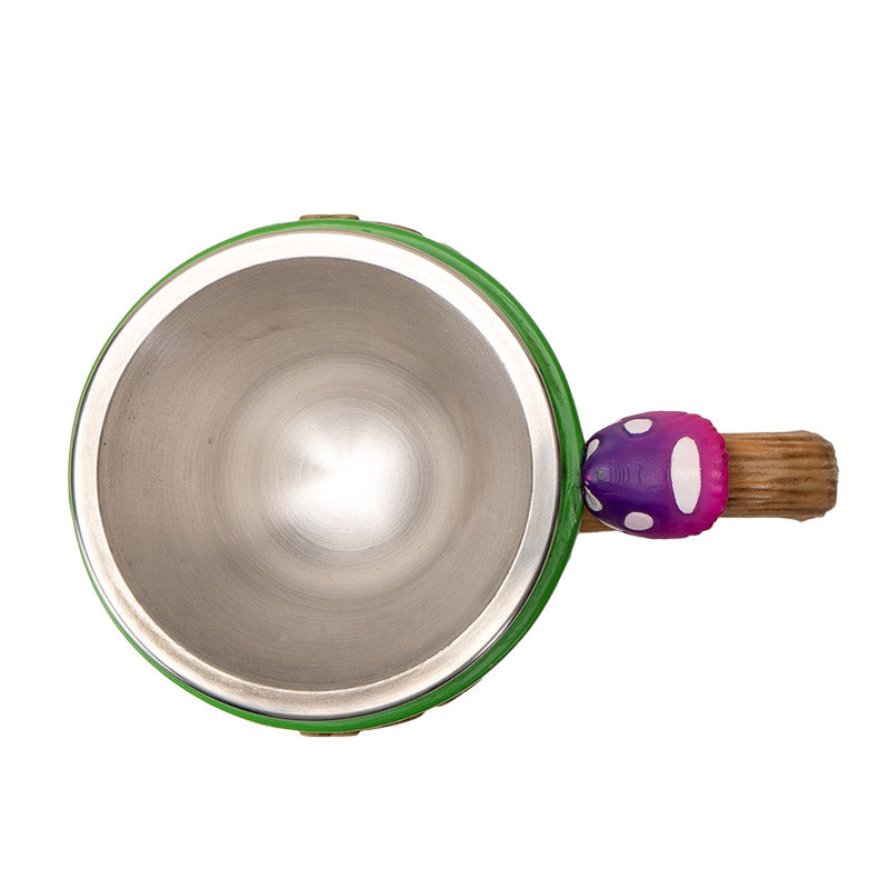 Green tea cup with purple-pink mushrooms and toadstool handle, stainless steel insert
