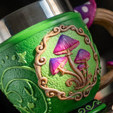 Green tea cup with purple-pink mushrooms and toadstool handle, stainless steel insert