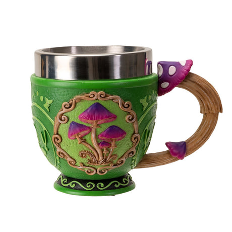 Green tea cup with purple-pink mushrooms and toadstool handle, stainless steel insert