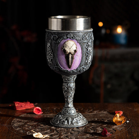 Goblet with raven skull & rose vine design, stainless steel insert