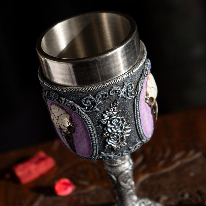 Goblet with raven skull & rose vine design, stainless steel insert