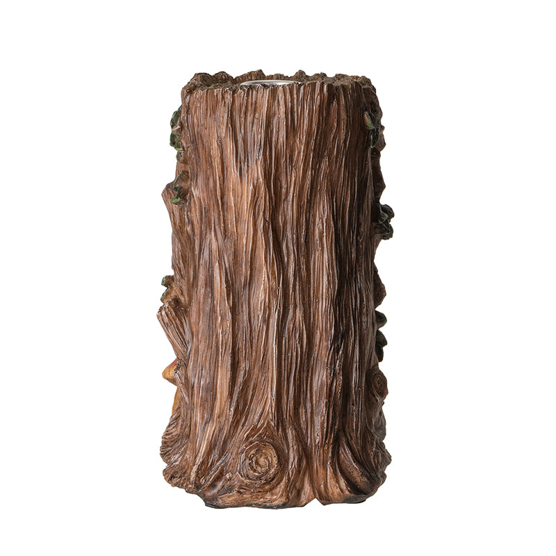 Greenback backflow incense burner, shaped like a tree trunk with mushrooms and leaves, back view