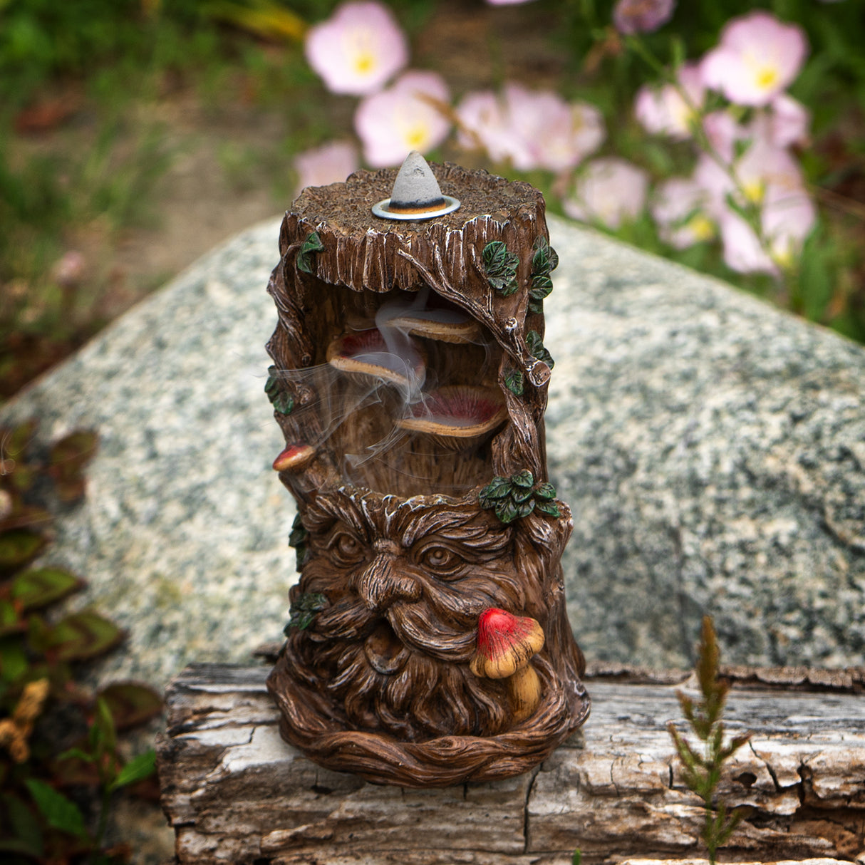 Greenback backflow incense burner, shaped like a tree trunk with mushrooms and leaves