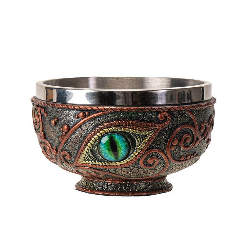 Bowl with aqua dragon eye design, red accents on black, and stainless steel insert