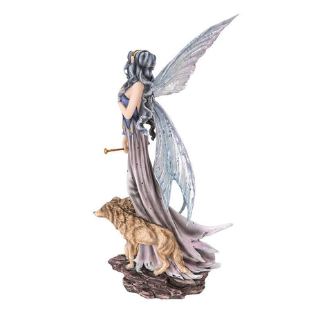 Figurine of fairy with gray wings and hair and purple dress walking with two tan wolves. Fae carries a gold wand.