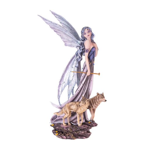 Figurine of fairy with gray wings and hair and purple dress walking with two tan wolves. Fae carries a gold wand.