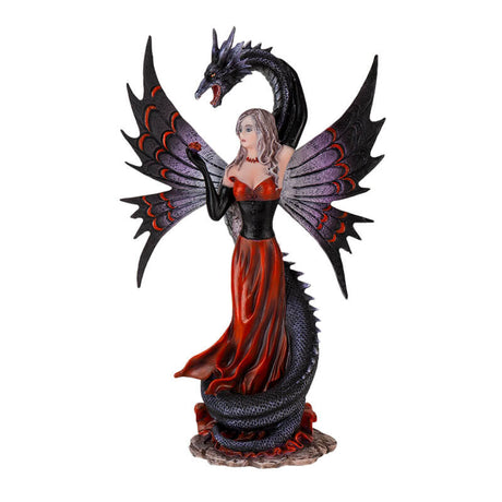 Figurine of fairy in black and red holding a rose, with a black snake dragon wrapped around her protectively.