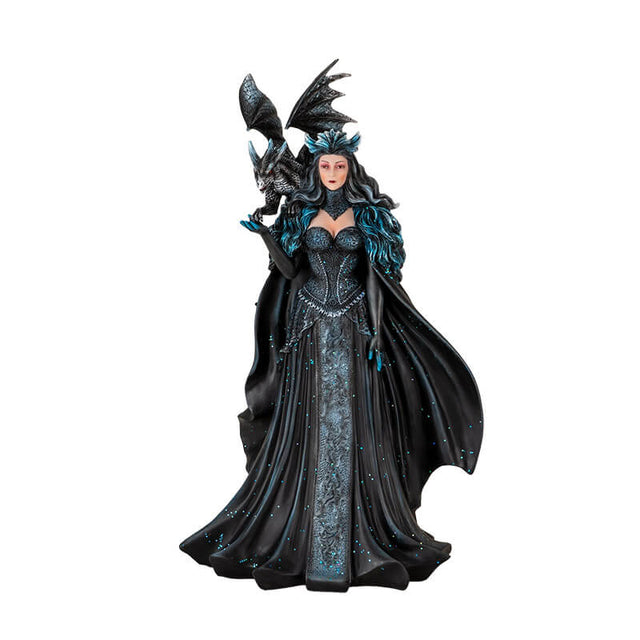 Figurine of a woman in black and blue dress with glitter and flowing cape, and a black and blue dragon on her shoulder.