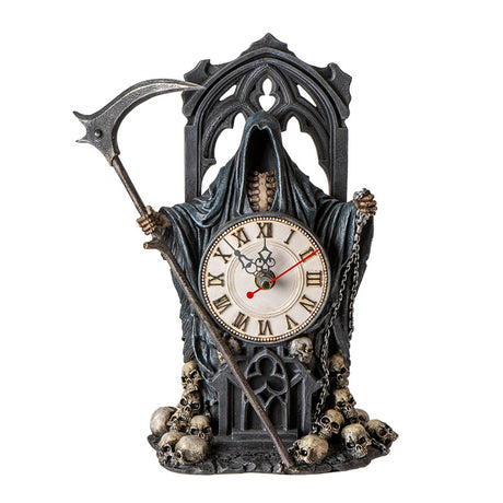 Clock figurine of Grim Reaper holding scythe, with skulls.