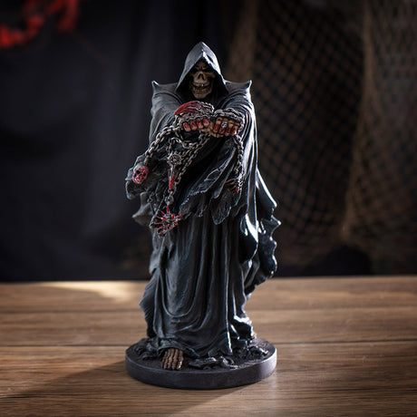 Grim Reaper figurine, skeleton in cloak and hood with bloody chains and weapons