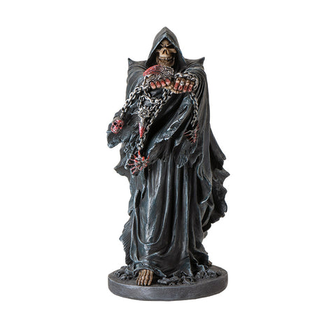 Grim Reaper figurine, skeleton in cloak and hood with bloody chains and weapons