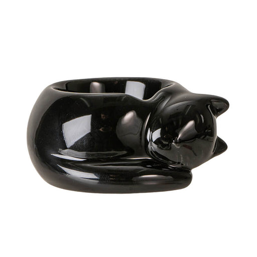 Black ceramic curled up cat tealight candle holder