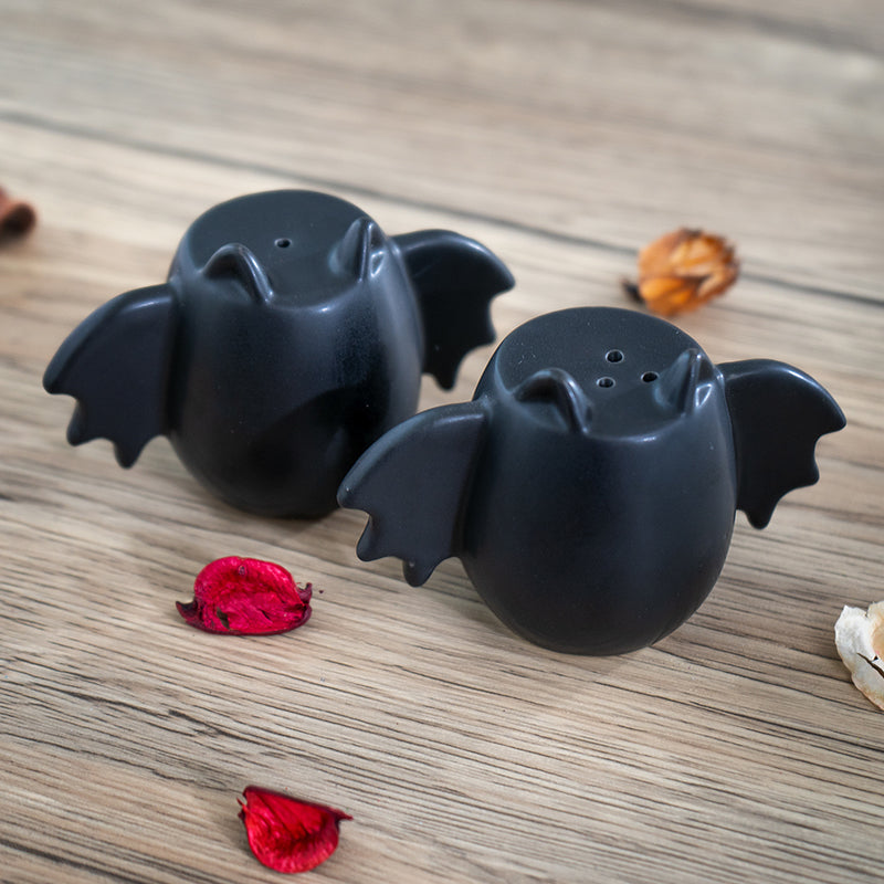 Black ceramic bat shaped salt & pepper shakers