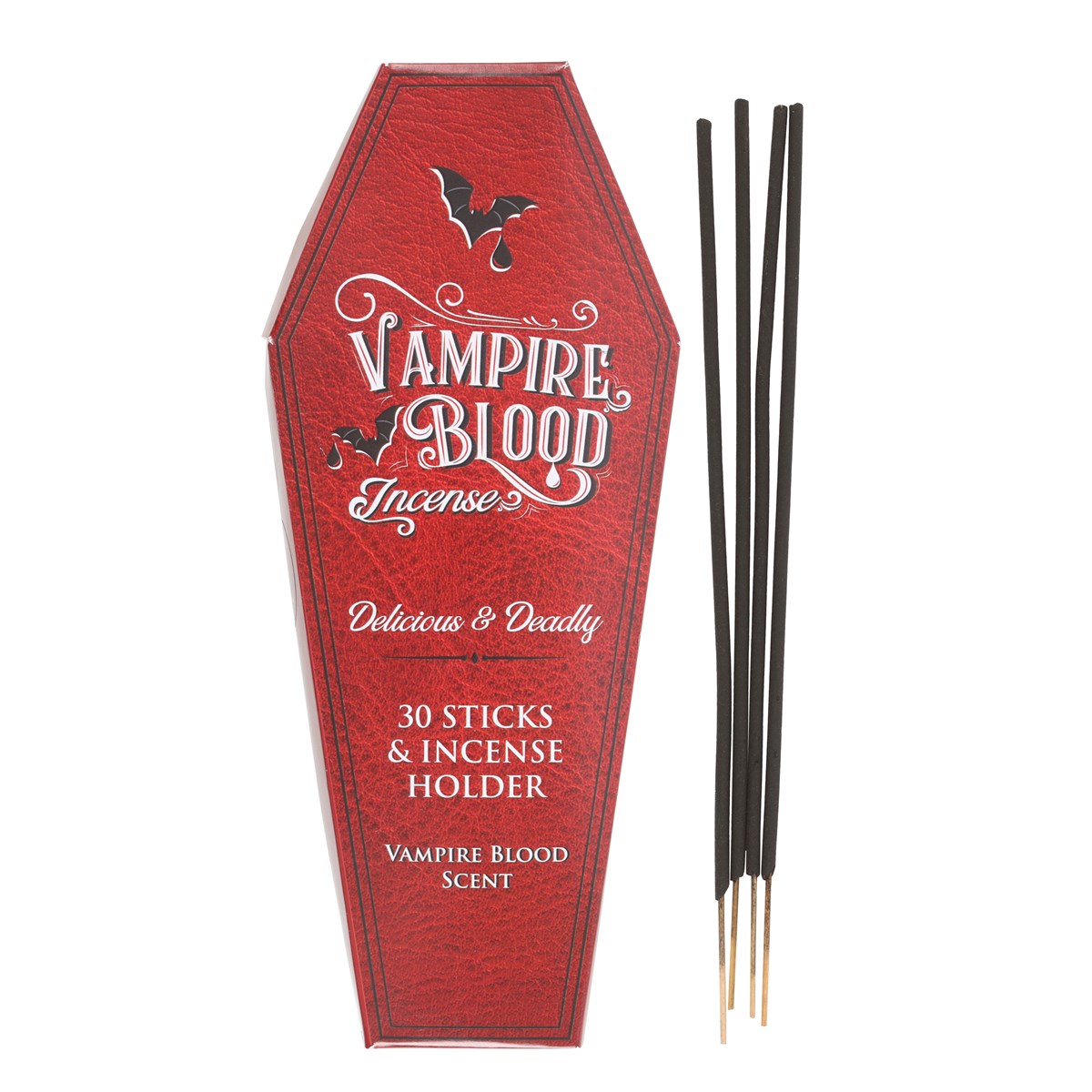 Incense sticks (30) and black coffin-shaped holder, Vampire Blood scent