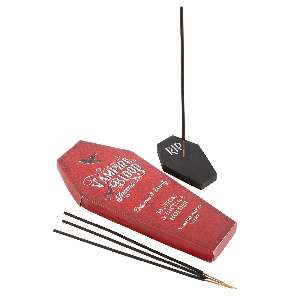 Incense sticks (30) and black coffin-shaped holder, Vampire Blood scent