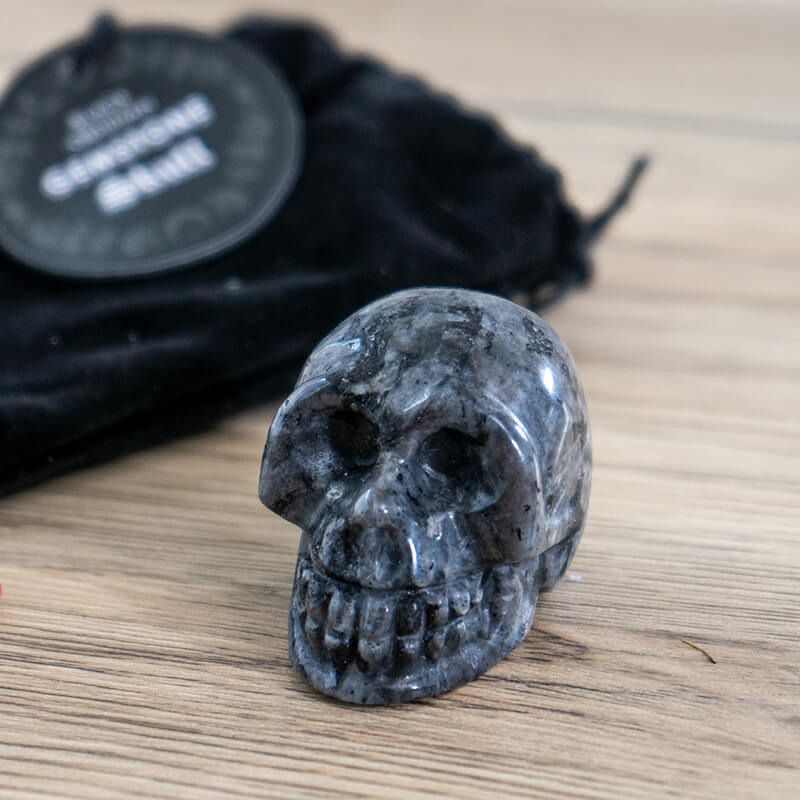 Gemstone skull made of black labradorite & obsidian