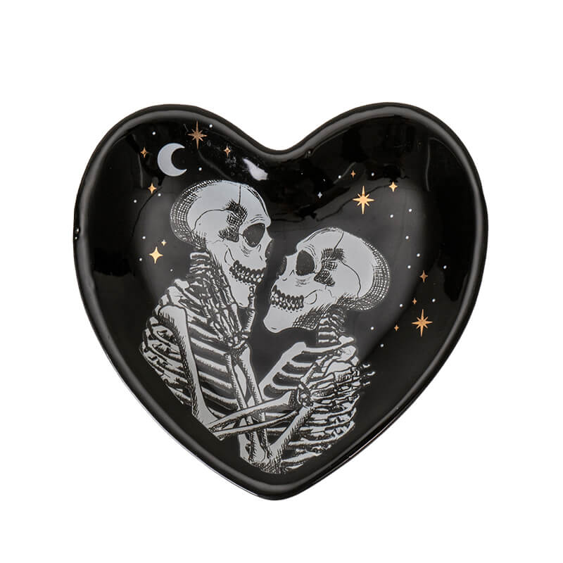 Black ceramic trinket dish with two skeletons, moon and stars