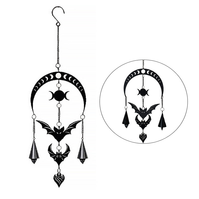 Metal wind chime with three bats, moon phases, and dangling bell chimes