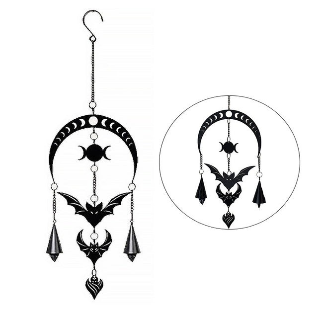 Metal wind chime with three bats, moon phases, and dangling bell chimes