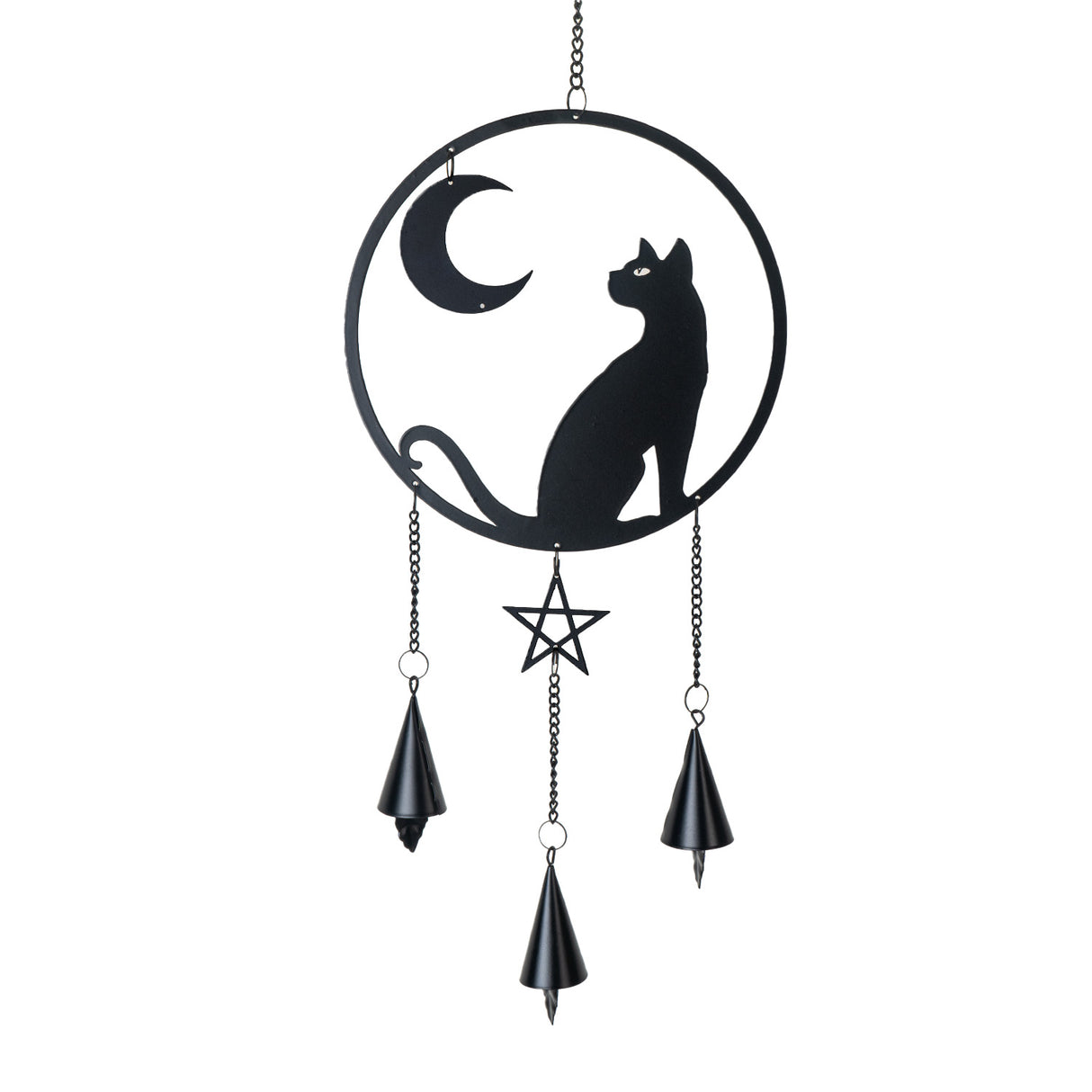 Black metal wind chime with cat gazing at crescent moon, dangling bells and pentacle