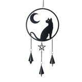 Black metal wind chime with cat gazing at crescent moon, dangling bells and pentacle