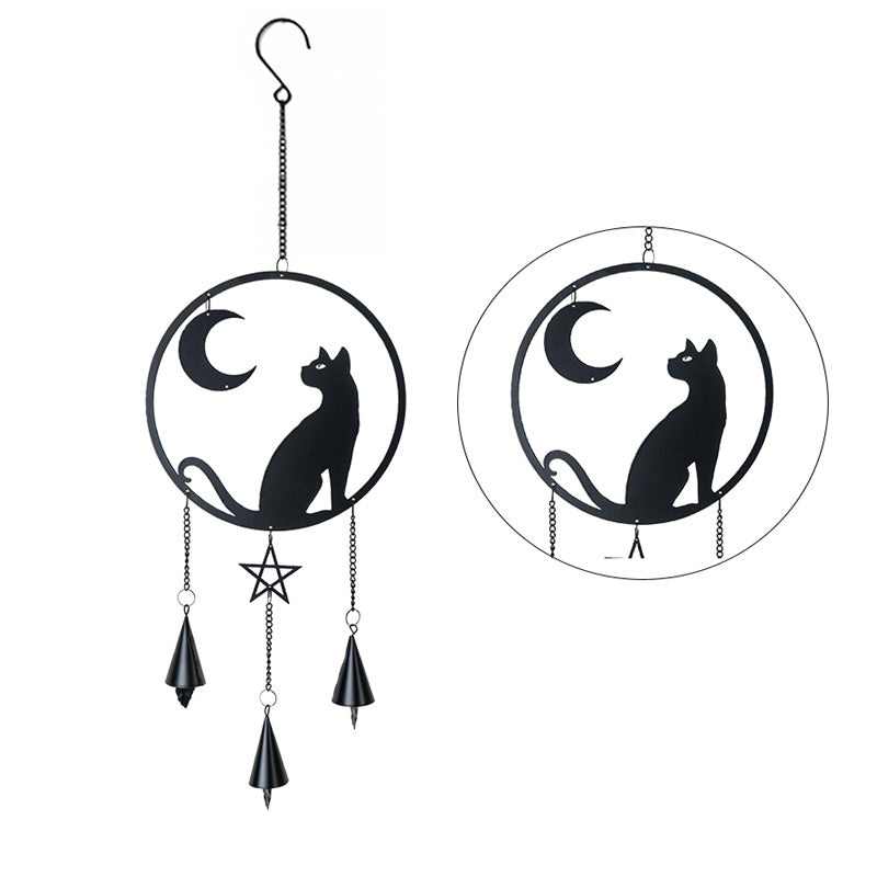 Black metal wind chime with cat gazing at crescent moon, dangling bells and pentacle