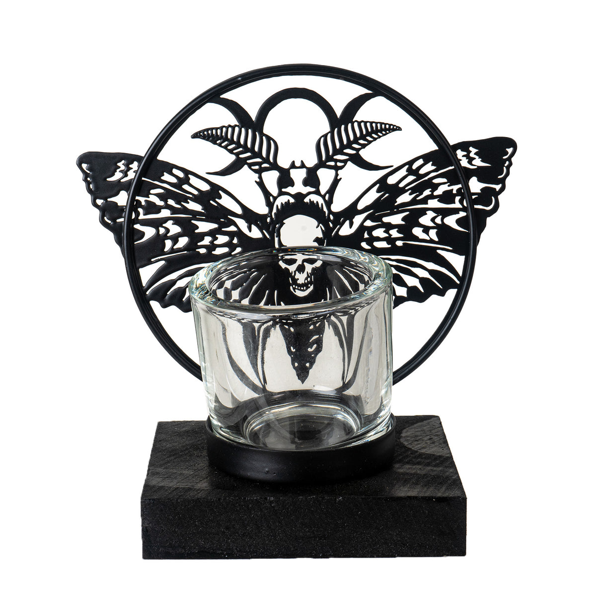 Black metal tea light holder with death head moth