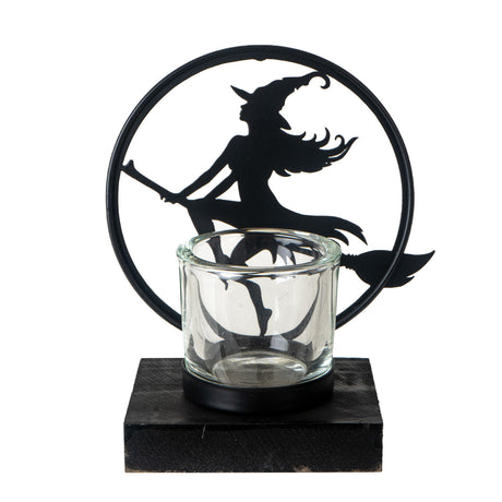 Black meta; tealight holder, witch riding broomstick