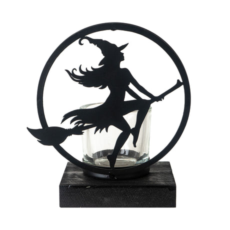 Black meta; tealight holder, witch riding broomstick