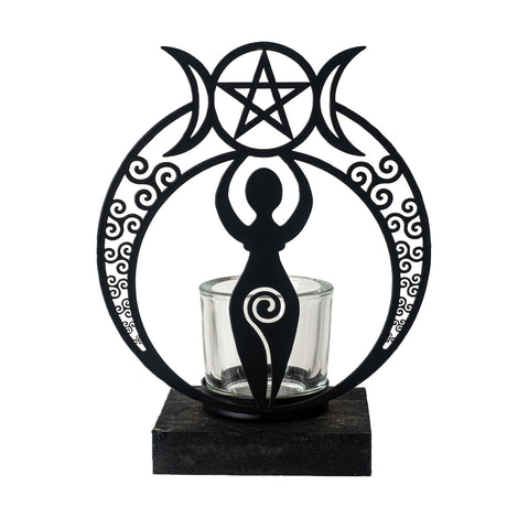 Black metal tealight holder with triple goddess (Danu) with moons, pentacle, swirls