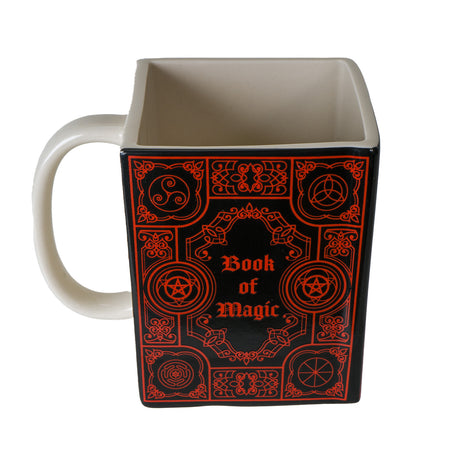 Ceramic mug, white inside and handle, red on black Book of Magic design with arcane symbols