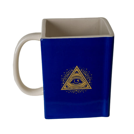 Square coffee mug, blue, "The Book of Magic" with all seeing eye