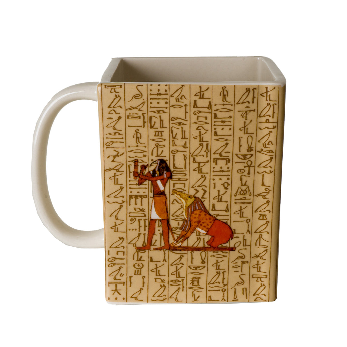 Square mug with Egyptian gods & hieroglyphs